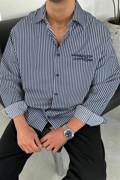 Lacivert Vintage Colege Oversize Gömlek