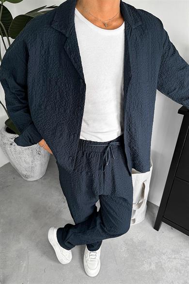 Lacivert Waffle Dokulu Premium Oversize Gömlek