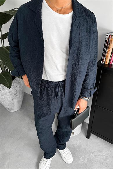 Lacivert Waffle Dokulu Premium Oversize Gömlek