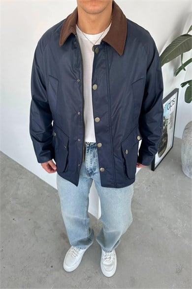Lacivert Waxed Çıt Çıt Cep Detay Oversize Ceket