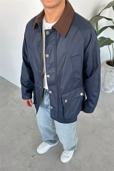 Lacivert Waxed Çıt Çıt Cep Detay Oversize Ceket
