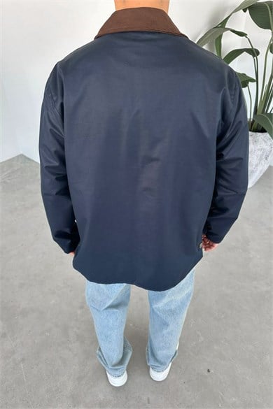 Lacivert Waxed Çıt Çıt Cep Detay Oversize Ceket