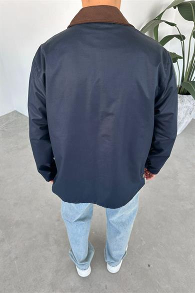 Lacivert Waxed Çıt Çıt Cep Detay Oversize Ceket