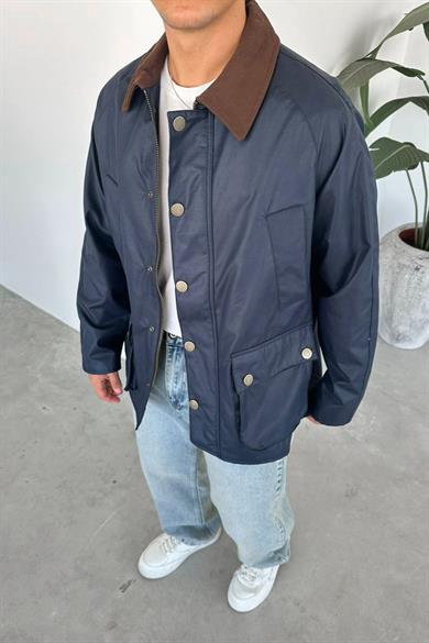Lacivert Waxed Çıt Çıt Cep Detay Oversize Ceket