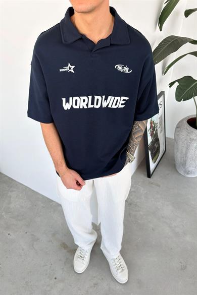 Lacivert World Wide Baskılı Polo Yaka Tişört