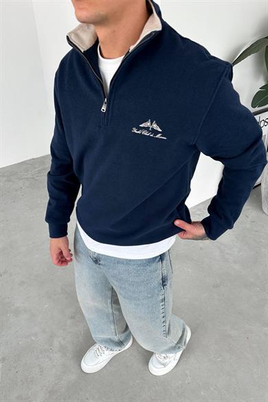 Lacivert Yacht Club Yarım Fermuar Relaxed Sweatshirt