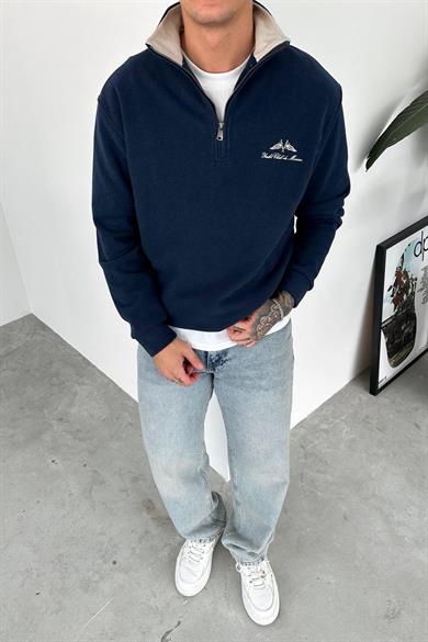 Lacivert Yacht Club Yarım Fermuar Relaxed Sweatshirt