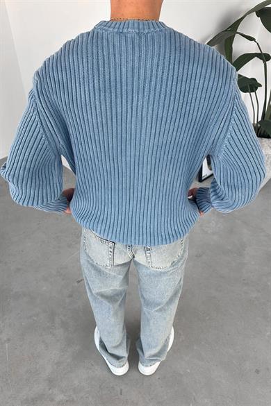 Mavi Acid Wash Fitilli Oversize Triko Kazak