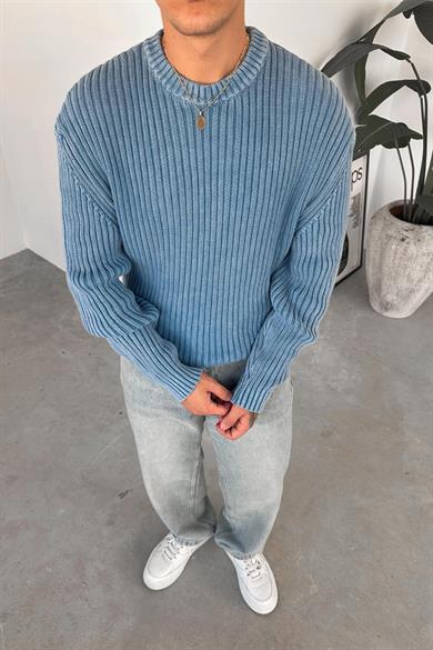 Mavi Acid Wash Fitilli Oversize Triko Kazak