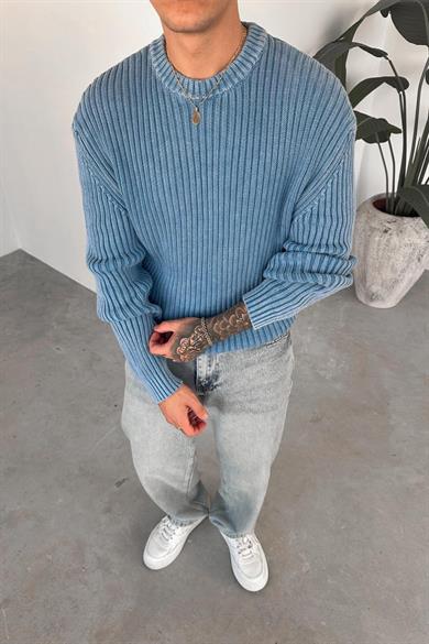 Mavi Acid Wash Fitilli Oversize Triko Kazak