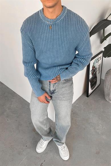 Mavi Acid Wash Fitilli Oversize Triko Kazak