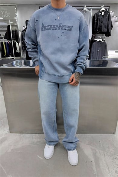 Mavi Basics Taş Detaylı Yıkamalı Oversize Sweatshirt