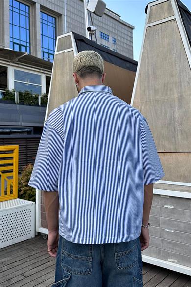 Mavi Beyaz İnce Çizgili 93 PM Oversize Gömlek