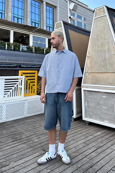 Mavi Beyaz İnce Çizgili 93 PM Oversize Gömlek
