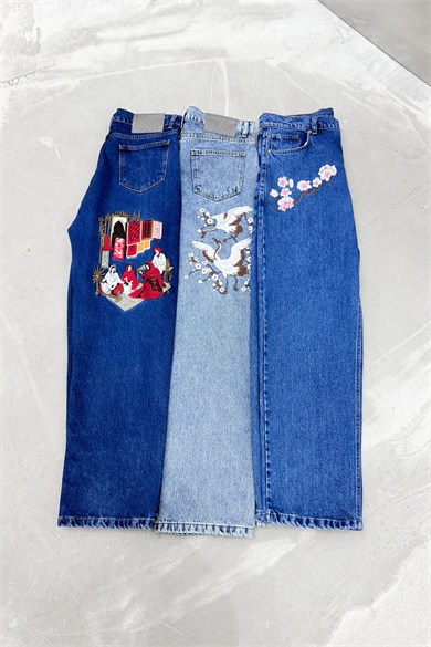 Mavi Cherry Blossom Nakışlı Baggy Pantolon