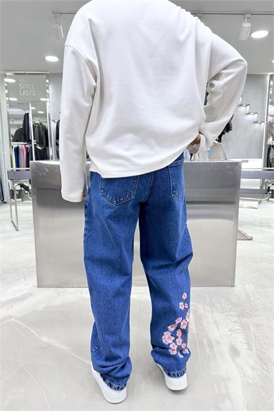 Mavi Cherry Blossom Nakışlı Baggy Pantolon