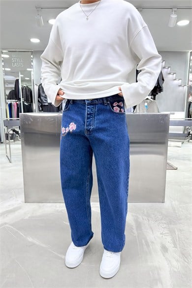 Mavi Cherry Blossom Nakışlı Baggy Pantolon