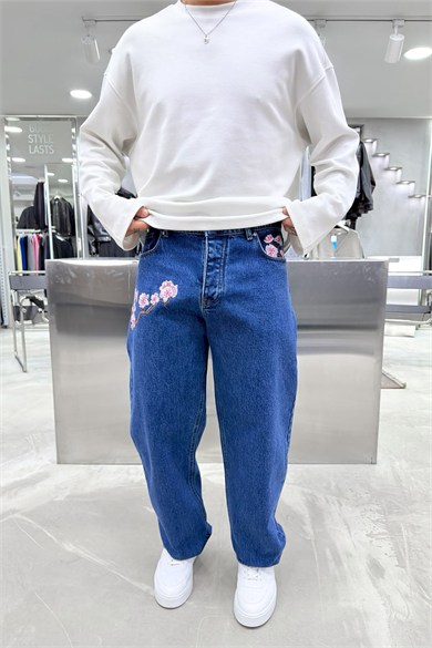 Mavi Cherry Blossom Nakışlı Baggy Pantolon