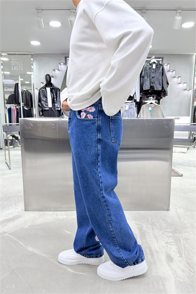 Mavi Cherry Blossom Nakışlı Baggy Pantolon