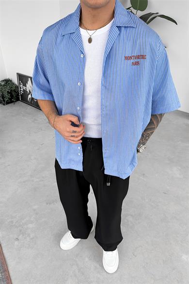 Mavi Çizgili MontMarte Baskılı Oversize Gömlek