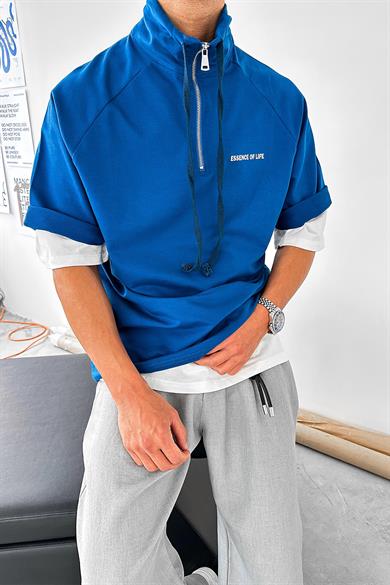 Mavi Fermuarlı EE Oversize Polo Yaka Tişört