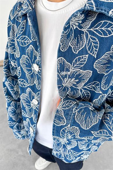 Mavi Flower Kabartma Detay Oversize Mevsimlik Ceket