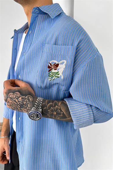 Mavi Old Money Flower Nakış Detay Oversize Gömlek