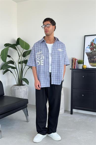 Mavi Old School Smpl Baskılı Kısa Kollu Oversize Gömlek