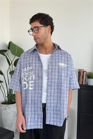 Mavi Old School Smpl Baskılı Kısa Kollu Oversize Gömlek