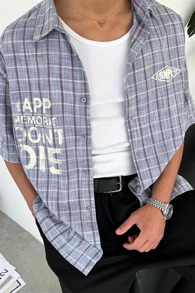 Mavi Old School Smpl Baskılı Kısa Kollu Oversize Gömlek