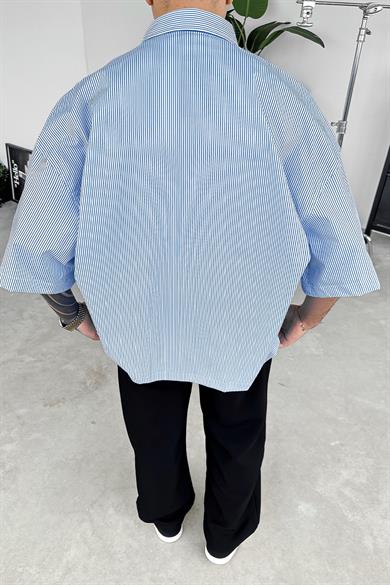 Mavi Ön Cep Detay Çizgili Oversize Gömlek