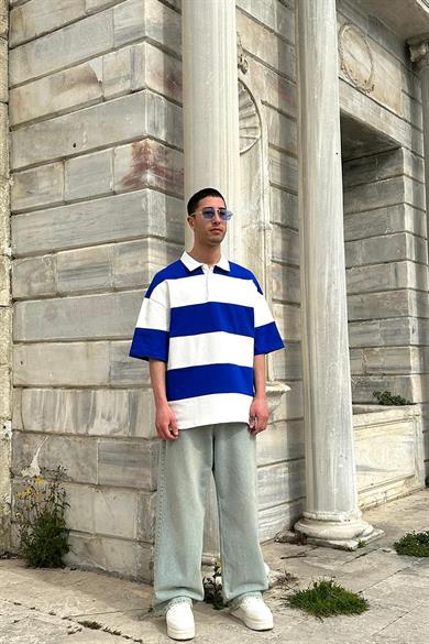Mavi Polo Yaka  Çizgili EE Oversize Tişört