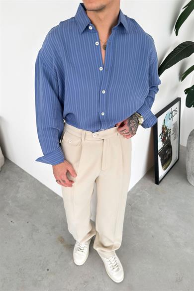 Mavi Premium Çizgili Oversize Gömlek