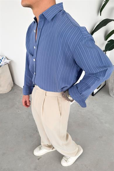 Mavi Premium Çizgili Oversize Gömlek