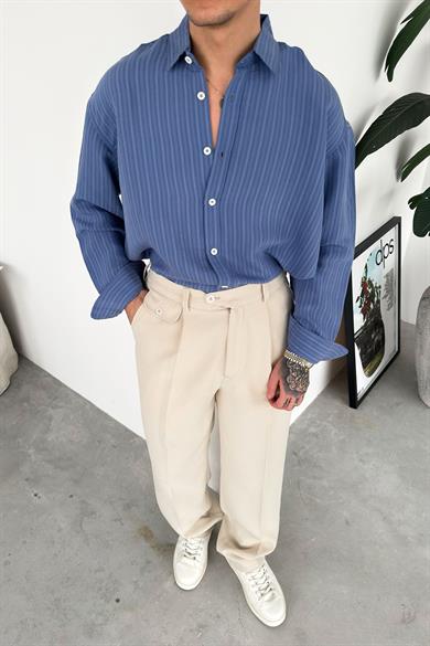 Mavi Premium Çizgili Oversize Gömlek