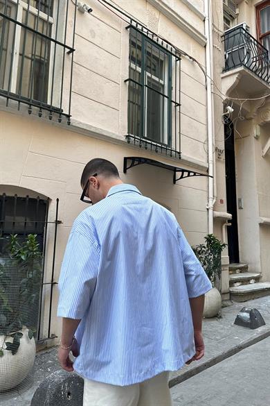 Mavi Şerit Detay Ön Cepli 07 PH Oversize Gömlek
