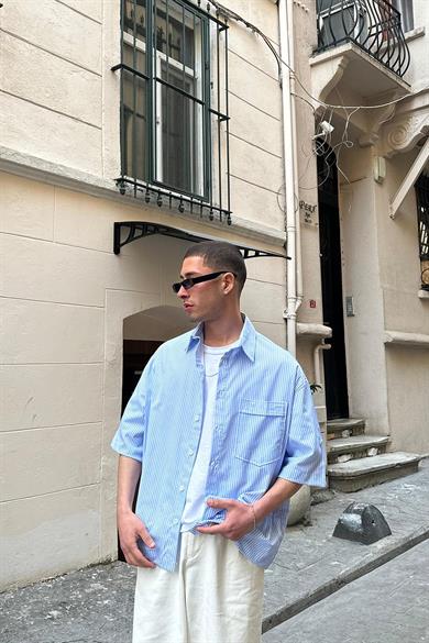 Mavi Şerit Detay Ön Cepli 07 PH Oversize Gömlek