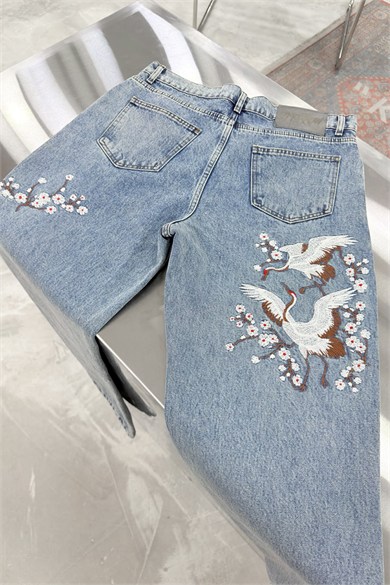 Mavi Twin Cranes Nakışlı Baggy Pantolon