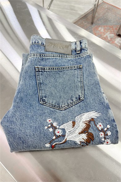 Mavi Twin Cranes Nakışlı Baggy Pantolon