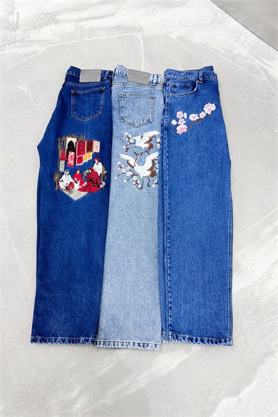 Mavi Twin Cranes Nakışlı Baggy Pantolon