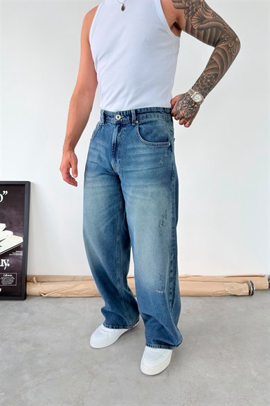 Mavi Yırtık Detaylı Süper Baggy Fit Pantolon