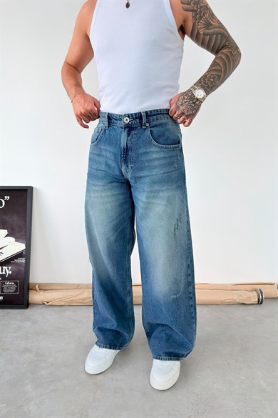 Mavi Yırtık Detaylı Süper Baggy Fit Pantolon