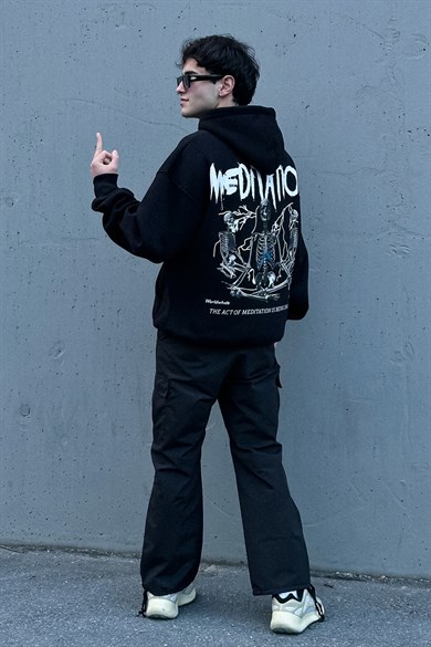 Mediation İskelet Baskılı Siyah 3 İplik Şardonlu Oversize Sweatshirt