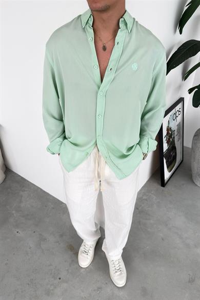 Mint Yeşili Nakışlı Oversize Modal Gömlek