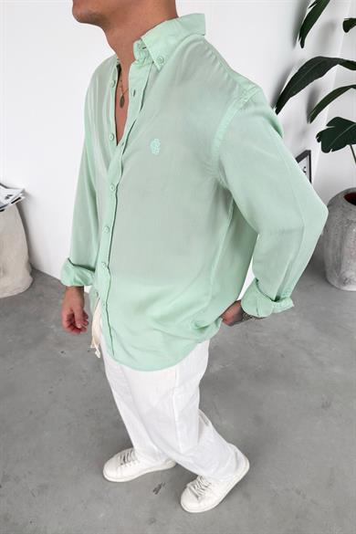 Mint Yeşili Nakışlı Oversize Modal Gömlek