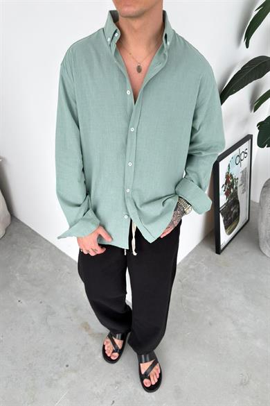Mint Yeşili Oversize Fresh Keten Gömlek