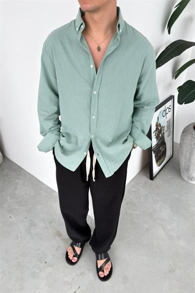 Mint Yeşili Oversize Fresh Keten Gömlek