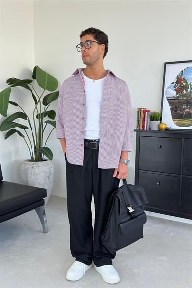 Mürdüm İnce Çizgili Yaka Nakış Detay Oversize Gömlek