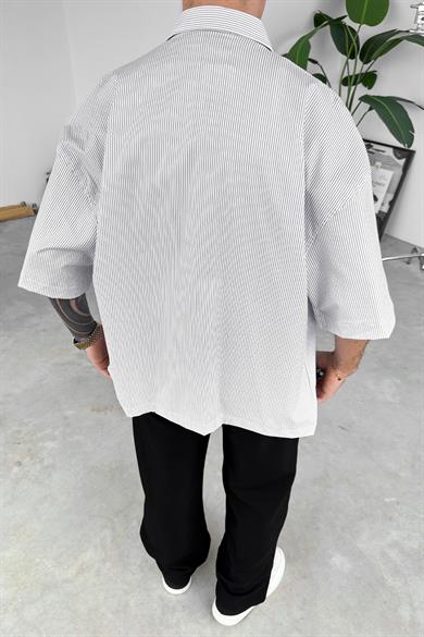 Mürdüm Ön Cep Detay Çizgili Oversize Gömlek