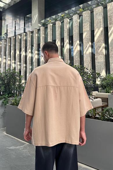 Nude Keten Ön Cep Nakış Detay S8 BS Oversize Gömlek